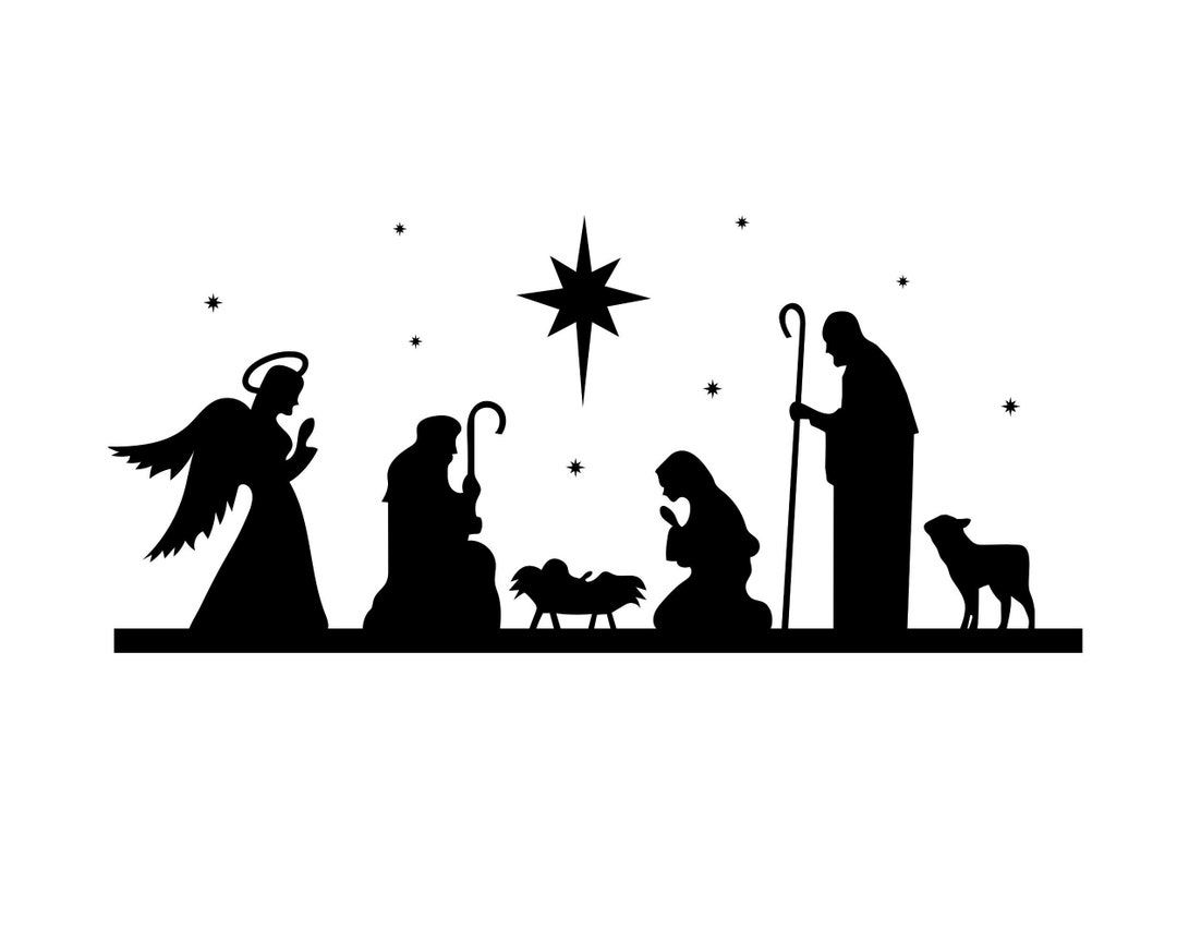 Nativity Scene SVG, Black Silhouette of Christmas Nativity Manger Scene