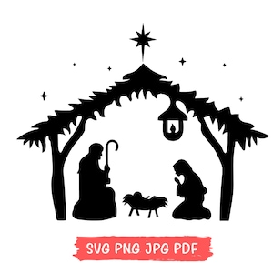 Escena de la Natividad SVG, silueta negra del pesebre navideño con el Niño Jesús, María, José, la Estrella del Norte, descarga digital SVG