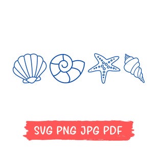 May include: A white background with four blue line-drawn illustrations of seashells and a starfish. The seashells include a scallop shell, a spiral shell, a starfish, and a conch shell. Below the illustrations is a red banner with the text "SVG PNG JPG PDF".