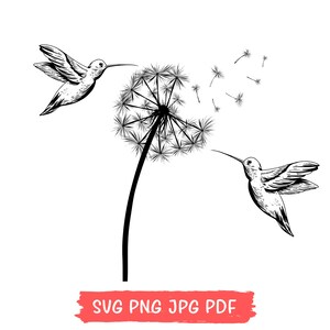May include: Black and white illustration of two hummingbirds interacting with a dandelion. One hummingbird is positioned near the dandelion's head, while the other is flying towards it. The image includes the text "SVG PNG JPG PDF" in a red banner.