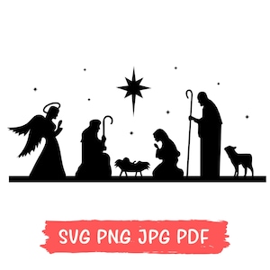 Escena de la Natividad SVG, silueta negra del pesebre navideño con el Niño Jesús, María, José, la Estrella del Norte, descarga digital SVG