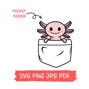 以下が含まれることがあります： 白いポケットから顔を出している、ピンクのエラと笑顔のカートゥーンのアホロートル。アホロートルの上に「ポケットデザイン」という文字があります。