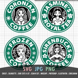 May include: Four green and black logo designs featuring Disney princesses. The logos are inspired by the Starbucks logo. The logos feature Rapunzel, Jasmine, Elsa, and Ariel. The text on the logos reads "Coronian Coffee", "Jasmine's Royal Tea", "Frozen Coffee", and "Sirenbucks Coffee".