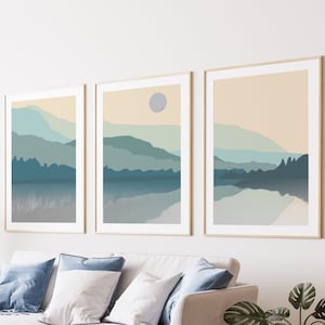 Landscape Art Set of 3 Prints, Wall Art, bundle, Boho Decor Printable, Mountain Lake Trees, gift, bedroom, living room, sage green, trendy