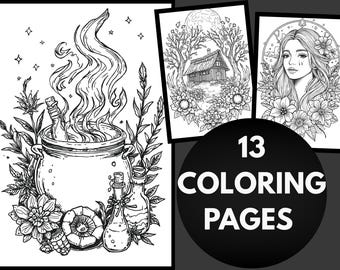 Witchy Coloring Pages Printable PDF 13 Pages Witch Line Art Instant Download