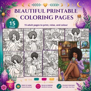 Puede incluir: Una colección digital de 15 páginas para colorear imprimibles con ilustraciones de líneas de personas con cabello rizado leyendo libros en entornos acogedores, junto con una imagen de ejemplo a todo color y motivos celestiales morados y dorados.