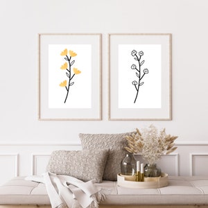 4 Minimalist poster flowers yellow orange and black and white colors