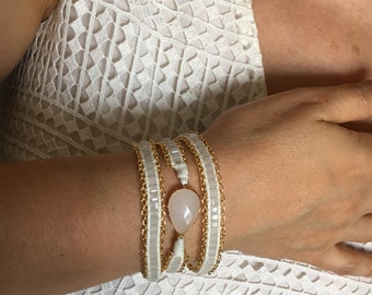 Ajustable, Boho, Bracelet multi-tours, Élégant, triple bracelet pour femme en perles de cristal blanc, Cadeau unique pour elle, Boho Chic