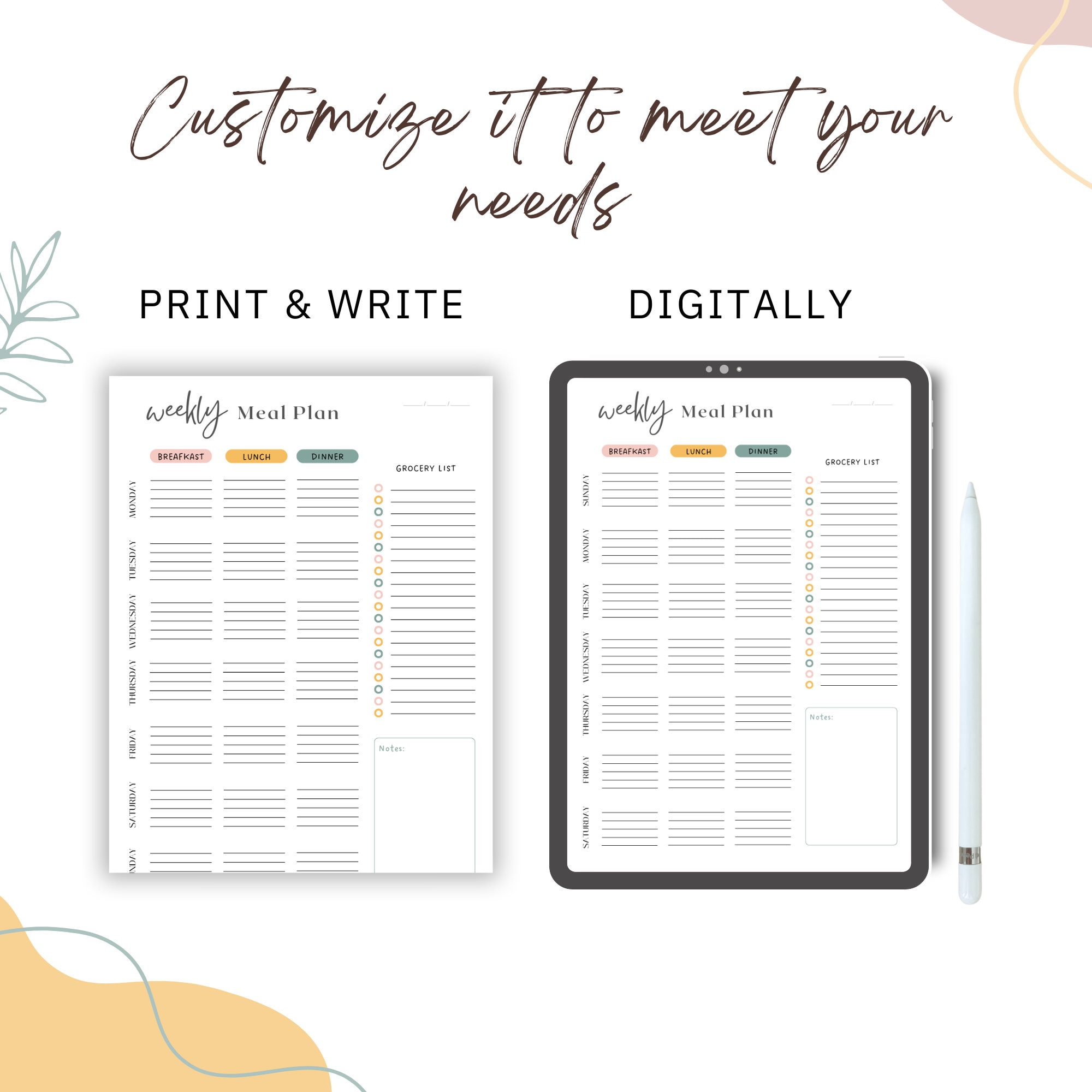 Printable Meal Planner Bundle: Weekly Menu, Grocery List, Recipe Card ...