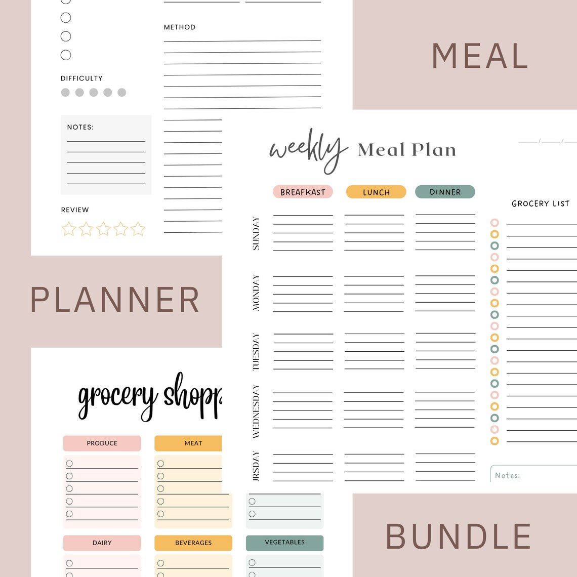 Printable Meal Planner Bundle: Weekly Menu, Grocery List, Recipe Card ...