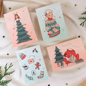 Set di 4 biglietti di Natale / Biglietti di auguri di Natale / 4 biglietti piegati + busta + adesivo per sigillo di busta