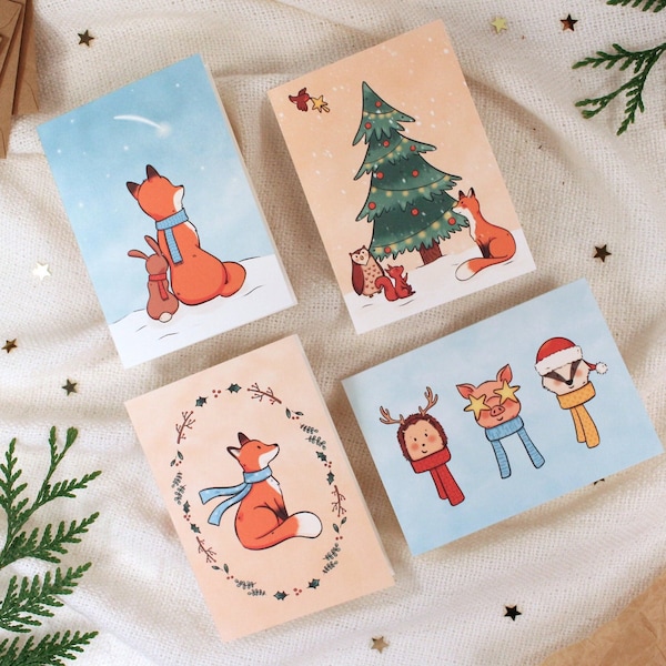 Ensemble de cartes de Noël animaux de la forêt | Cartes postales d'animaux d'hiver | Cartes de voeux Woodland | Cartes pliées + enveloppe