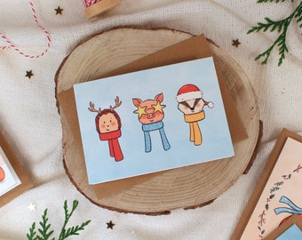 de Noël Animaux de la forêt | Illustration amusante d'animaux d'hiver | Cartes pliées + enveloppe