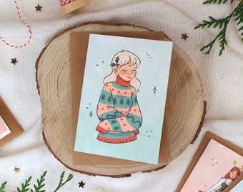 Gezellige trui kerstkaart | Kersttrui illustratie | Gevouwen kaarten + envelop