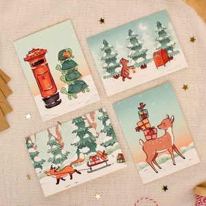 Dierenkerstkaarten set van 4 | Gevouwen kaarten + envelop + envelopzegelsticker