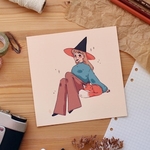 Lámina de arte de brujas: adorable zorro y bruja para pared