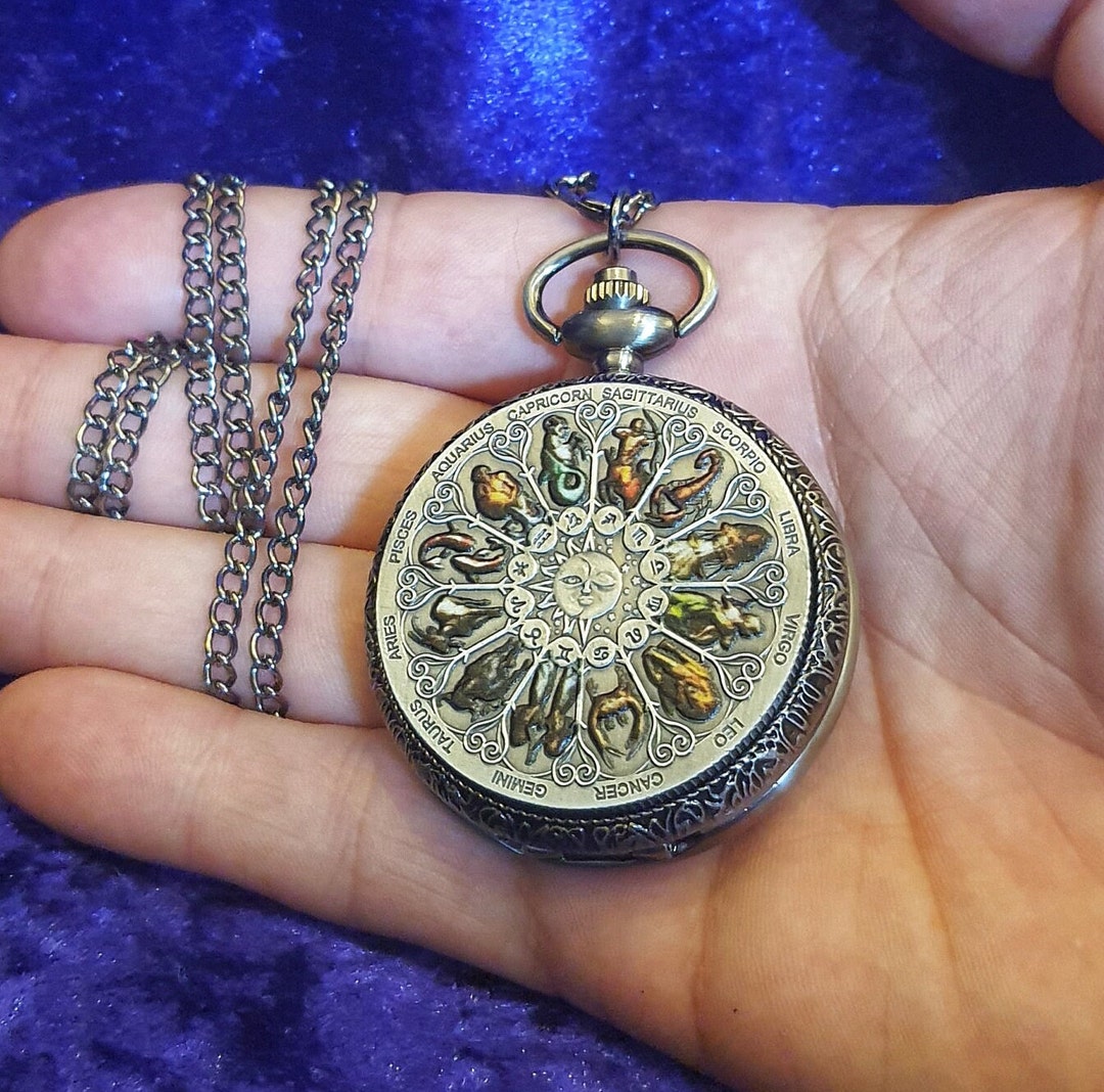 Zodiac Pocket Watch Silver Watch With Chain Quartz Pocket Watch Gift Wedding Gift Etsy