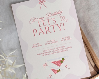 Geburtstagseinladung, Geburtstagsvorlage zum ausdrucken, digitaler Download Vorlage, rosa rotes Dinner-Party einladen, 21. Geburtstagseinladung | 13x18 cm