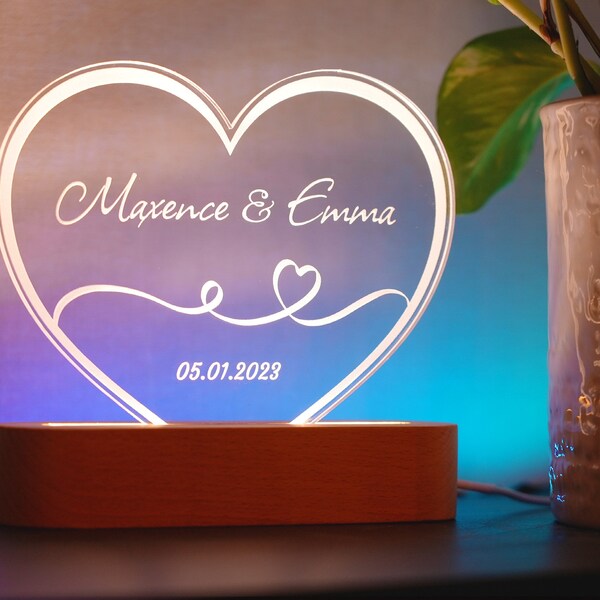 Veilleuse personnalisée couple Idée cadeau de mariage, amoureux cadeau de rencontre - Lampe gravée cœur prénoms et date St Valentin