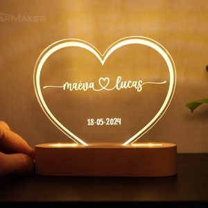 Veilleuse personnalisée pour couple cadeau de mariage personnalisé couple cadeau St Valentin Lampe décoration cœur prénoms jeune mariés image 4