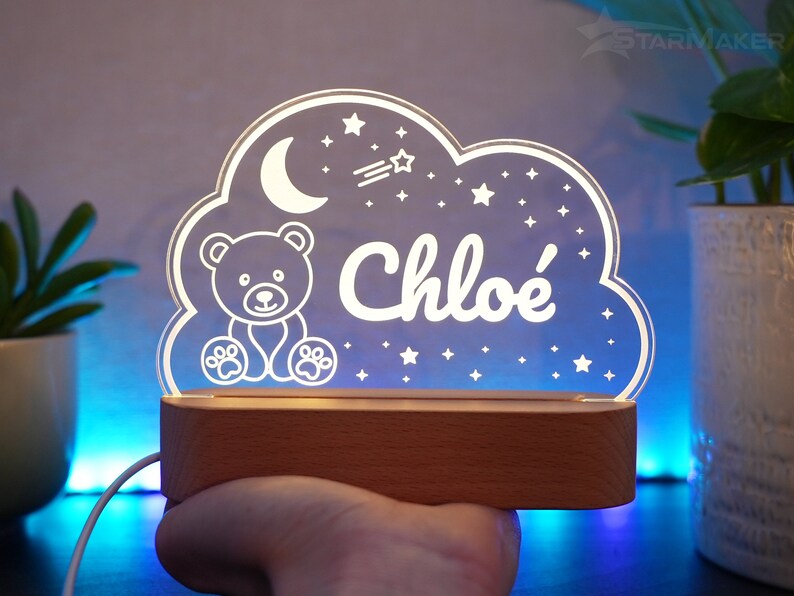 Veilleuse bébé personnalisée ourson et étoiles Idée cadeau de naissance, baptême chambre d'enfant bébé lampe de chevet prénom décoration image 7