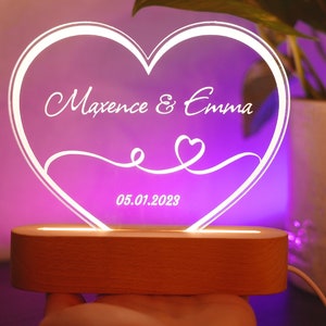 Veilleuse personnalisée couple Idée cadeau de mariage, amoureux cadeau de rencontre Lampe gravée cœur prénoms et date St Valentin imagem 4