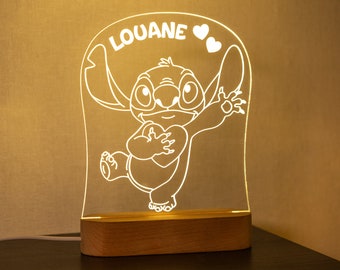 Lampe Stitch personnalisable prénom cœur idée cadeau veilleuse Stitch personnalisée chambre enfant, décoration LED 3D bois lumineux