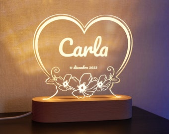 Veilleuse personnalisée prénom bébé ou enfant Cœur et fleur Idée cadeau de naissance, cadeau baptême - Lampe de nuit décoration chambre