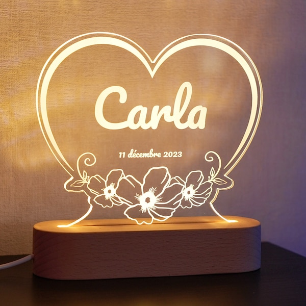 Veilleuse personnalisée prénom bébé ou enfant Cœur et fleur Idée cadeau de naissance, cadeau baptême - Lampe de nuit décoration chambre