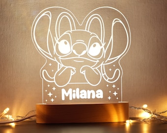 Veilleuse personnalisée Angel Stitch prénom Idée cadeau fille chambre enfant Lilo et Stitch Veilleuse de nuit décoration RGB custom