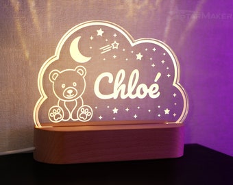 Personalized baby night light teddy bear and stars Gift idea for birth, baptism, child&#39;s room, baby bedside lamp, first name decoration
