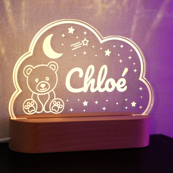 Veilleuse bébé personnalisée ourson et étoiles Idée cadeau de naissance, baptême chambre d'enfant bébé lampe de chevet prénom décoration