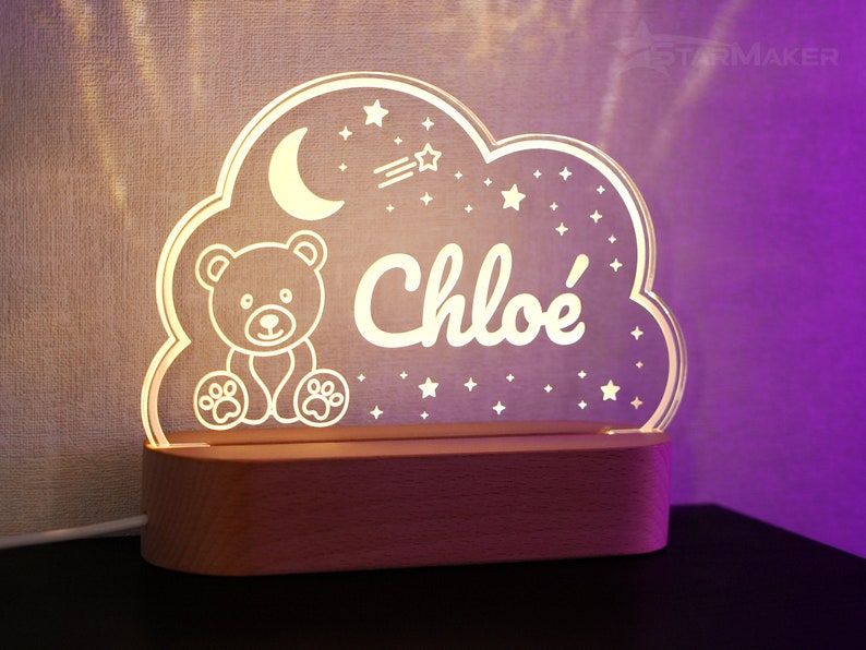 Veilleuse bébé personnalisée ourson et étoiles Idée cadeau de naissance, baptême chambre d'enfant bébé lampe de chevet prénom décoration 1- Blanc chaud