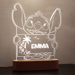 Veilleuse Stitch personnalisée prénom idée cadeau lampe Stitch personnalisée chambre enfant, décoration LED 3D bois lumineux 2- Blanc 3 couleurs