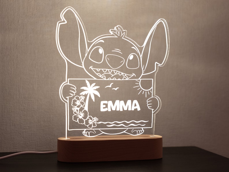 Veilleuse Stitch personnalisée prénom idée cadeau lampe Stitch personnalisée chambre enfant, décoration LED 3D bois lumineux 2- Blanc 3 couleurs