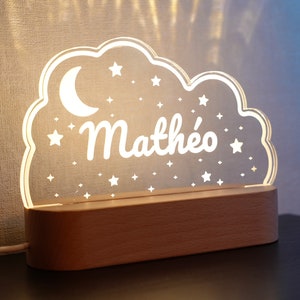 Veilleuse personnalisée bébé ou enfant Lune et étoiles Idée cadeau de naissance, baptême Lampe de chevet prénom décoration chambre nuit