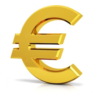 Peut inclure: Un symbole euro en or brillant, une représentation tridimensionnelle de la monnaie.