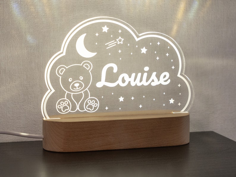 Veilleuse bébé personnalisée ourson et étoiles Idée cadeau de naissance, baptême chambre d'enfant bébé lampe de chevet prénom décoration image 2