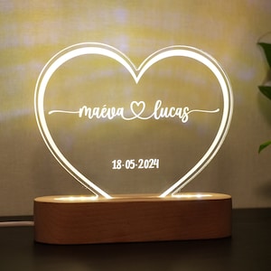 Veilleuse personnalisée pour couple cadeau de mariage personnalisé couple cadeau St Valentin Lampe décoration cœur prénoms jeune mariés 2- Blanc chaud/froid