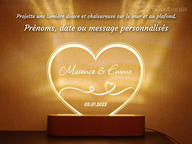 Personalized couple night light Wedding gift idea, lovers meeting gift Lamp engraved heart first names and date Valentine's Day image 2