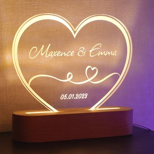 Veilleuse personnalisée couple Idée cadeau de mariage, amoureux cadeau de rencontre Lampe gravée cœur prénoms et date St Valentin image 3