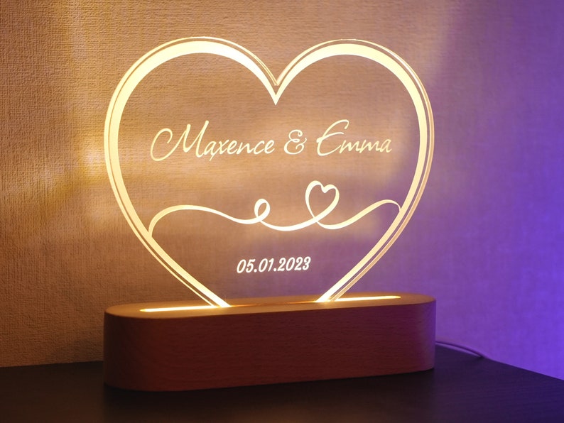 Veilleuse personnalisée couple Idée cadeau de mariage, amoureux cadeau de rencontre Lampe gravée cœur prénoms et date St Valentin image 3