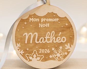 Personalized Christmas bauble "My First Christmas Baby", engraved wood with name, customizable tree ornament, baby shower gift