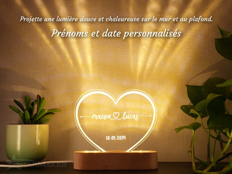 Veilleuse personnalisée pour couple cadeau de mariage personnalisé couple cadeau St Valentin Lampe décoration cœur prénoms jeune mariés image 3