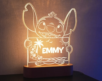 Personalized Stitch night light first name gift idea personalized Stitch lamp child's room, 3D LED decoration luminous wood