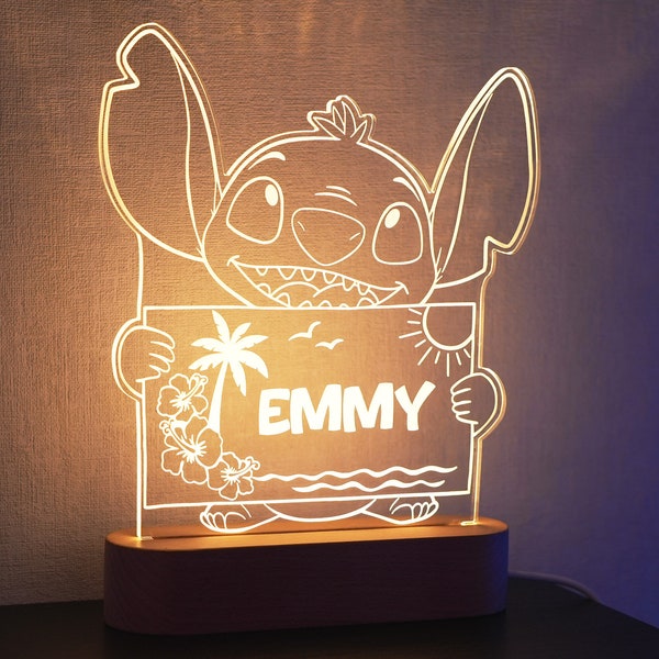 Veilleuse Stitch personnalisée prénom idée cadeau lampe Stitch personnalisée chambre enfant, décoration LED 3D bois lumineux