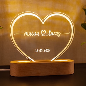 Cadeau de mariage personnalisé Lampe en cœur avec prénoms et date gravés décoration LED cadeau mariés anniversaire de couple
