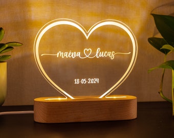 Luz nocturna personalizada para pareja regalo de boda personalizado pareja regalo del Día de San Valentín Lámpara de decoración del corazón nombres recién casados