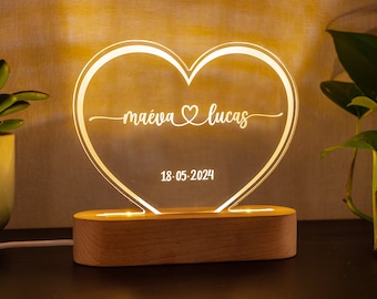 Personalized wedding gift Heart lamp with engraved first names and date LED decoration gift for married couple&#39;s anniversary