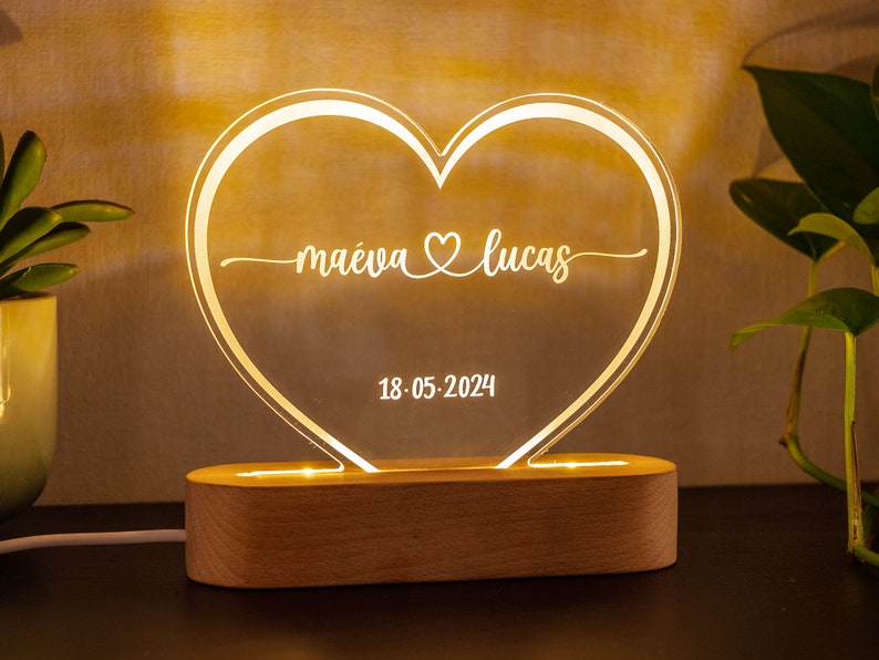 Veilleuse personnalisée pour couple cadeau de mariage personnalisé couple cadeau St Valentin Lampe décoration cœur prénoms jeune mariés 1- Blanc chaud